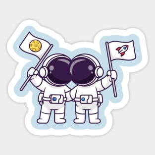 Cute Astronaut Friend Holding Flag Moon And Rocket Cartoon Sticker